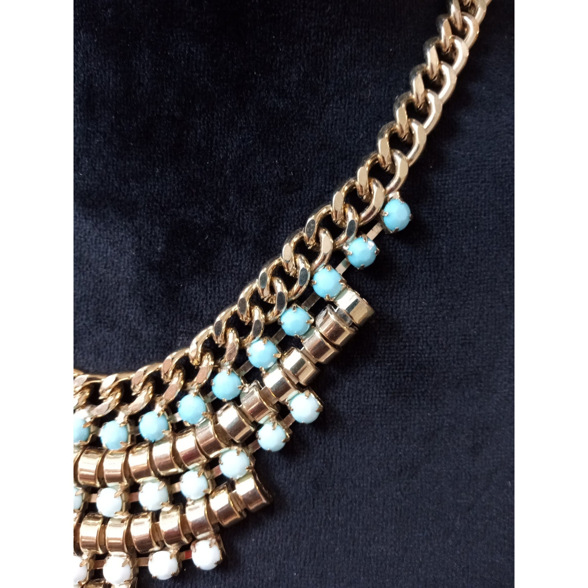 Gold Tone Chain Bib Necklace Turquoise Beads Crystal Statement Collar Necklace