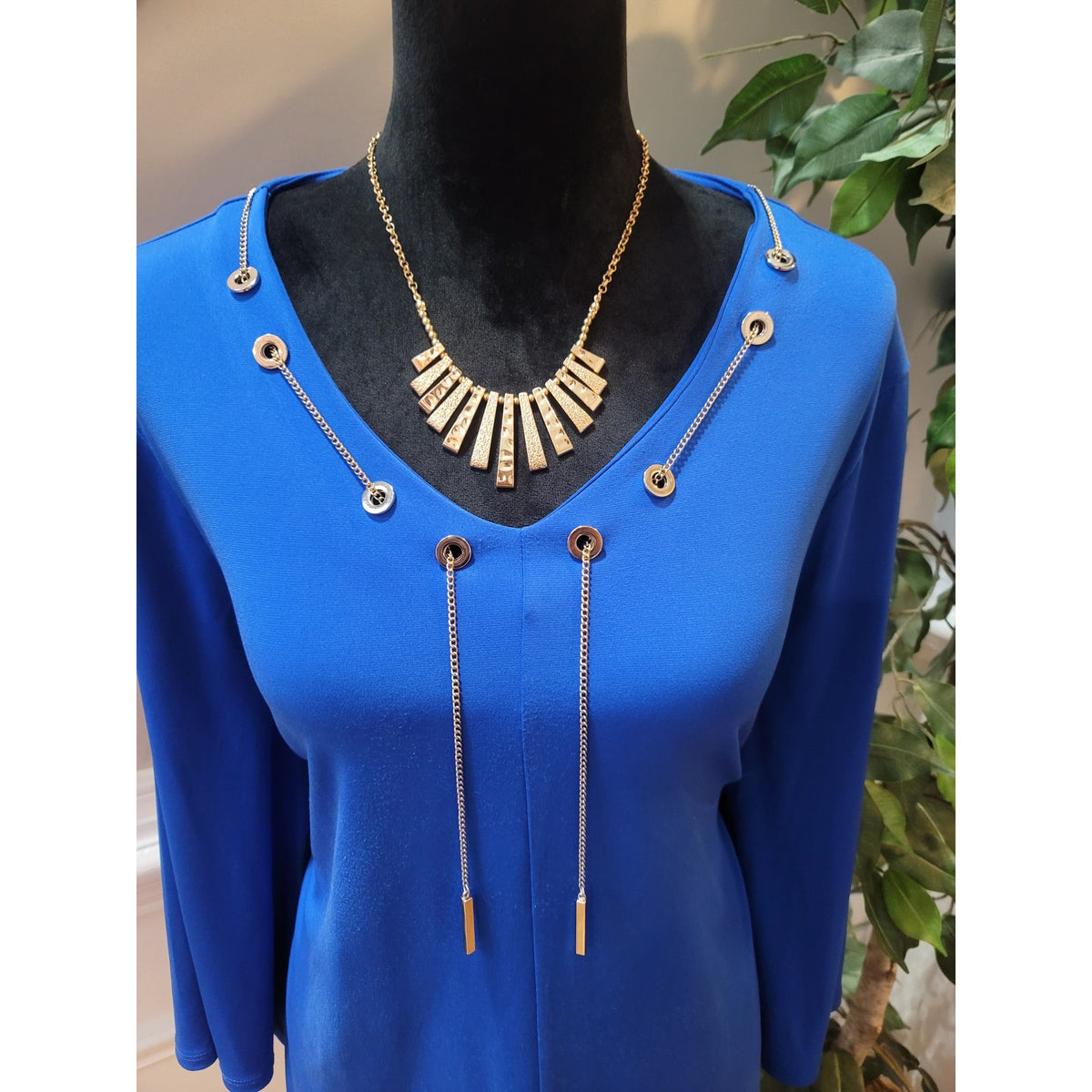 Chicos Blouse 2L Royal Blue Stretch Gold Tassel V-Neck Hi-Low Hem Pullover Party