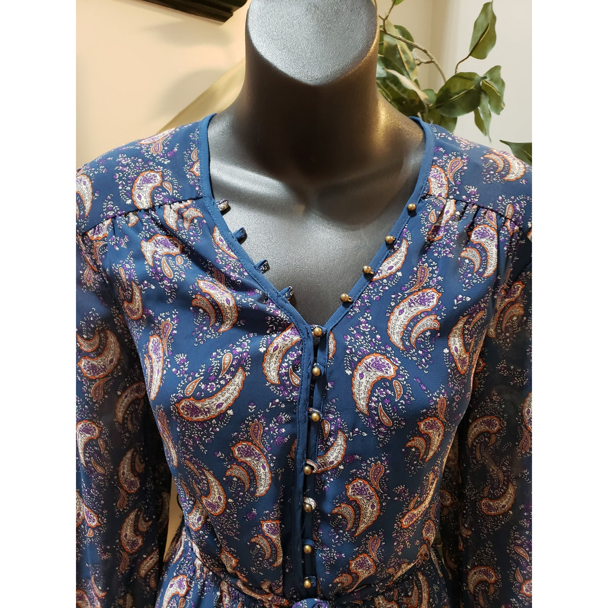 DR2 A Line Dress Women Navy Paisley Tie Waist Long Sleeve V Neck Button Front XS