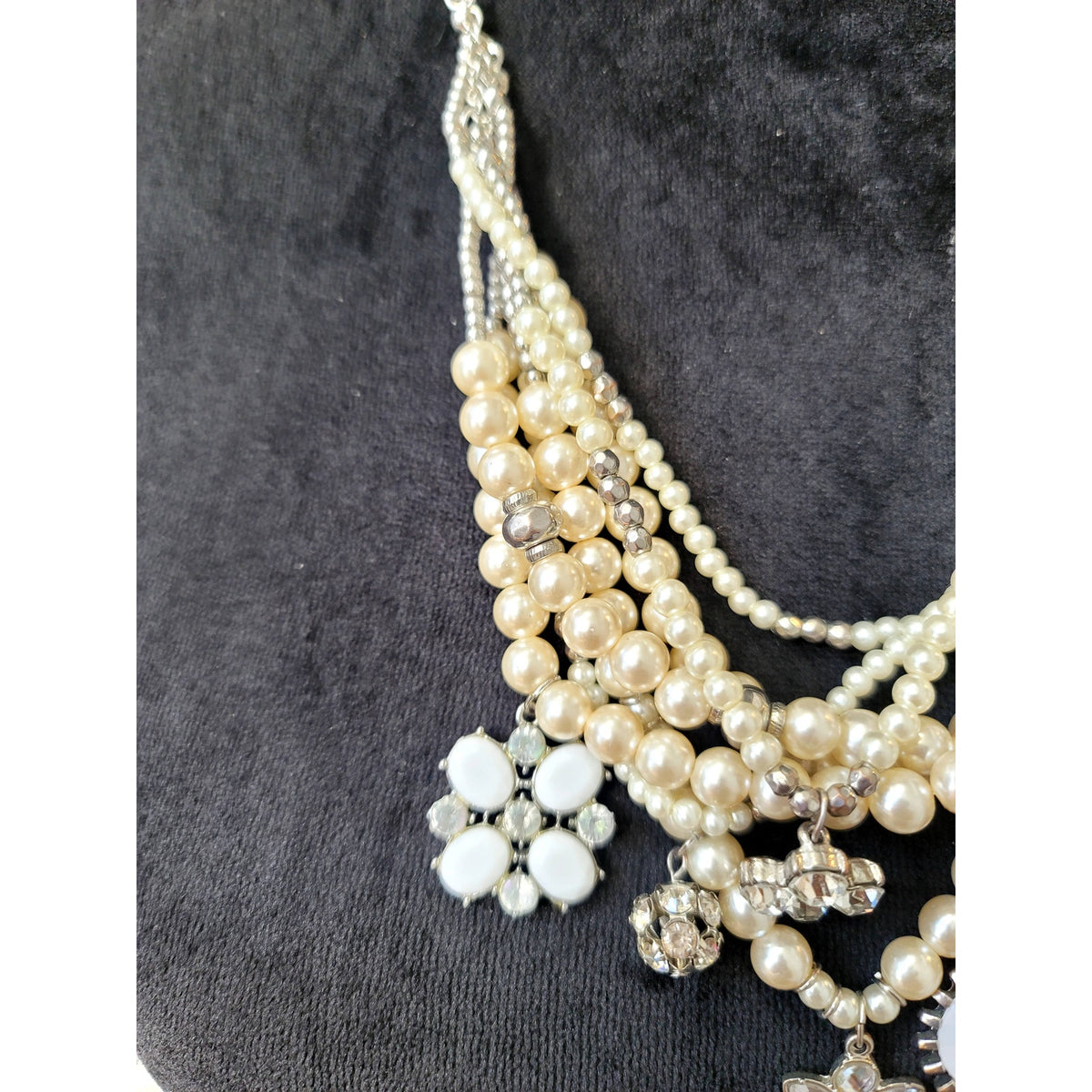 Women Multi Strand Faux Pearl Statement Necklace Crystal Floral Charm Bib