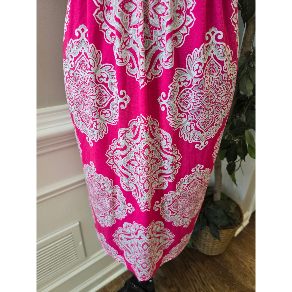 Apt 9 Midi Dress Women's Large Pink/White Geometric Pleated Stretch Empire Waist