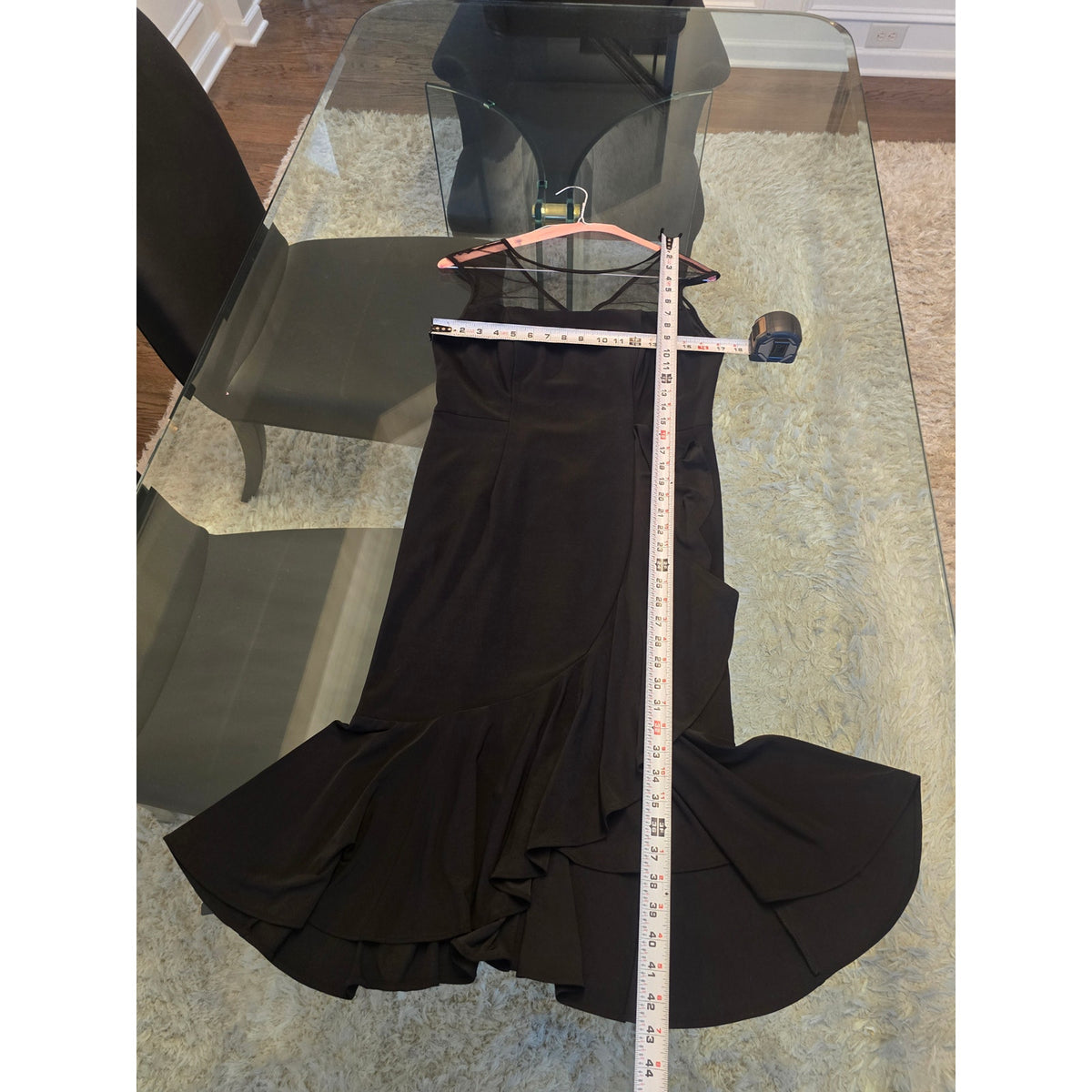 R&M Richards Midi Dress Women's SZ 8 Black Ruffle Flute Hem Asymmetric Cascade