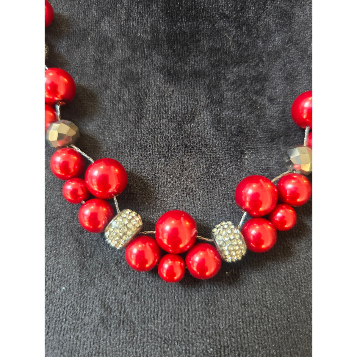 Red Beaded Cluster Statement Necklace Silver Tone Bold Fashion Jewelry