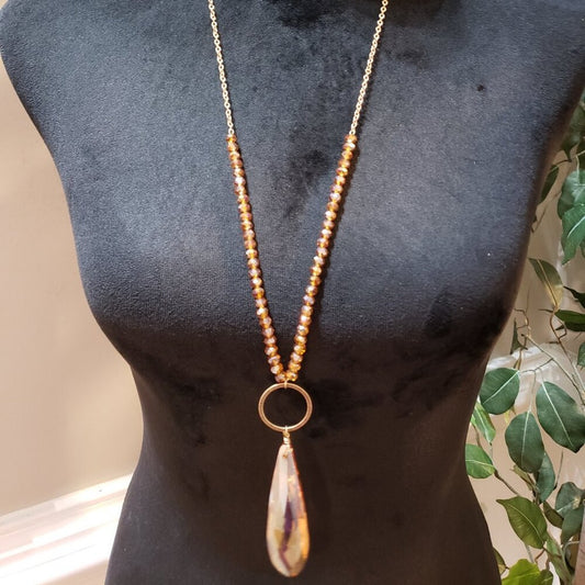 Womens Fashion Amber Crystal Teardrop Pendant Necklace with Lobster Clasp