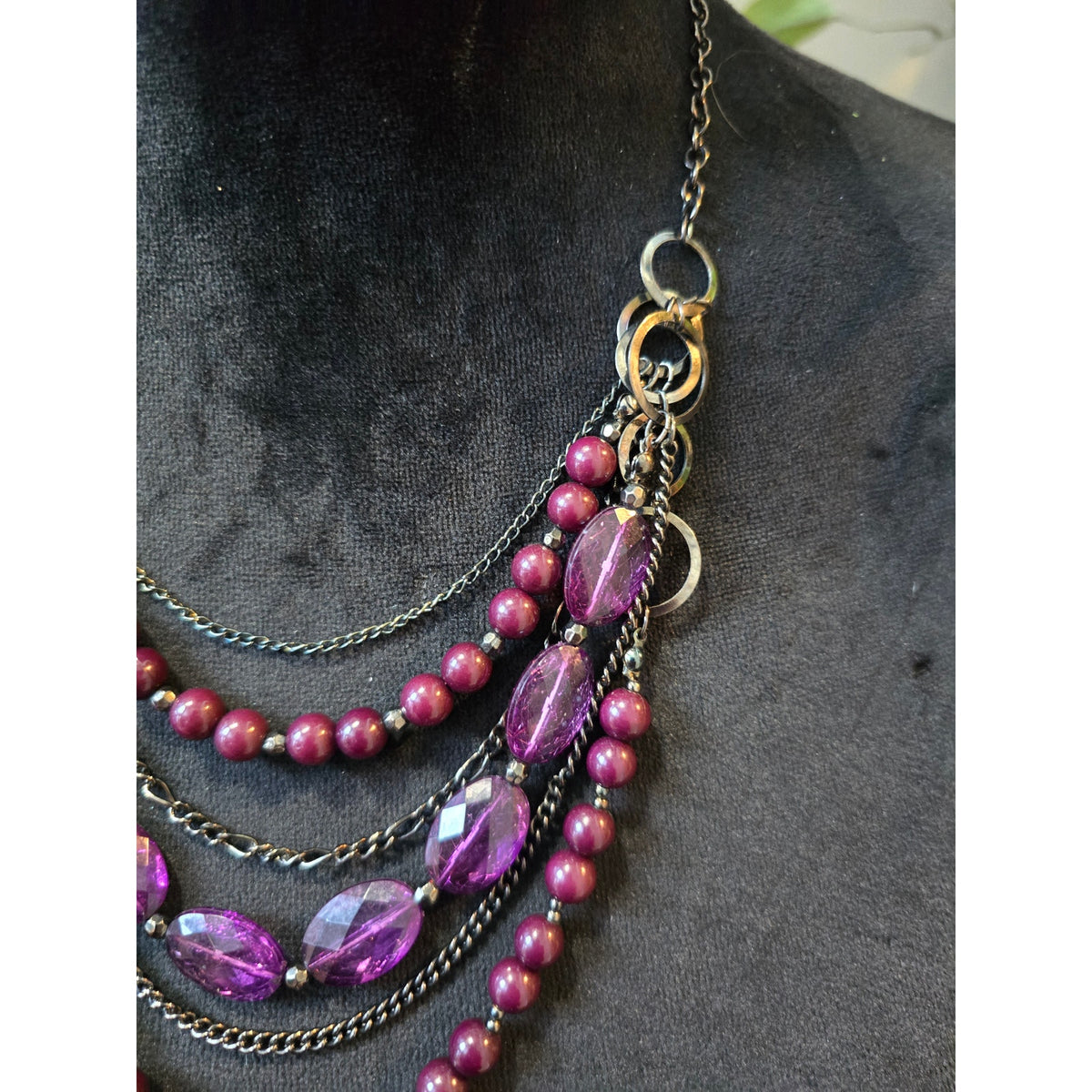 Womens Silver Tone Multi-strand Purple Round Faux-pearl Beads Statement Necklace