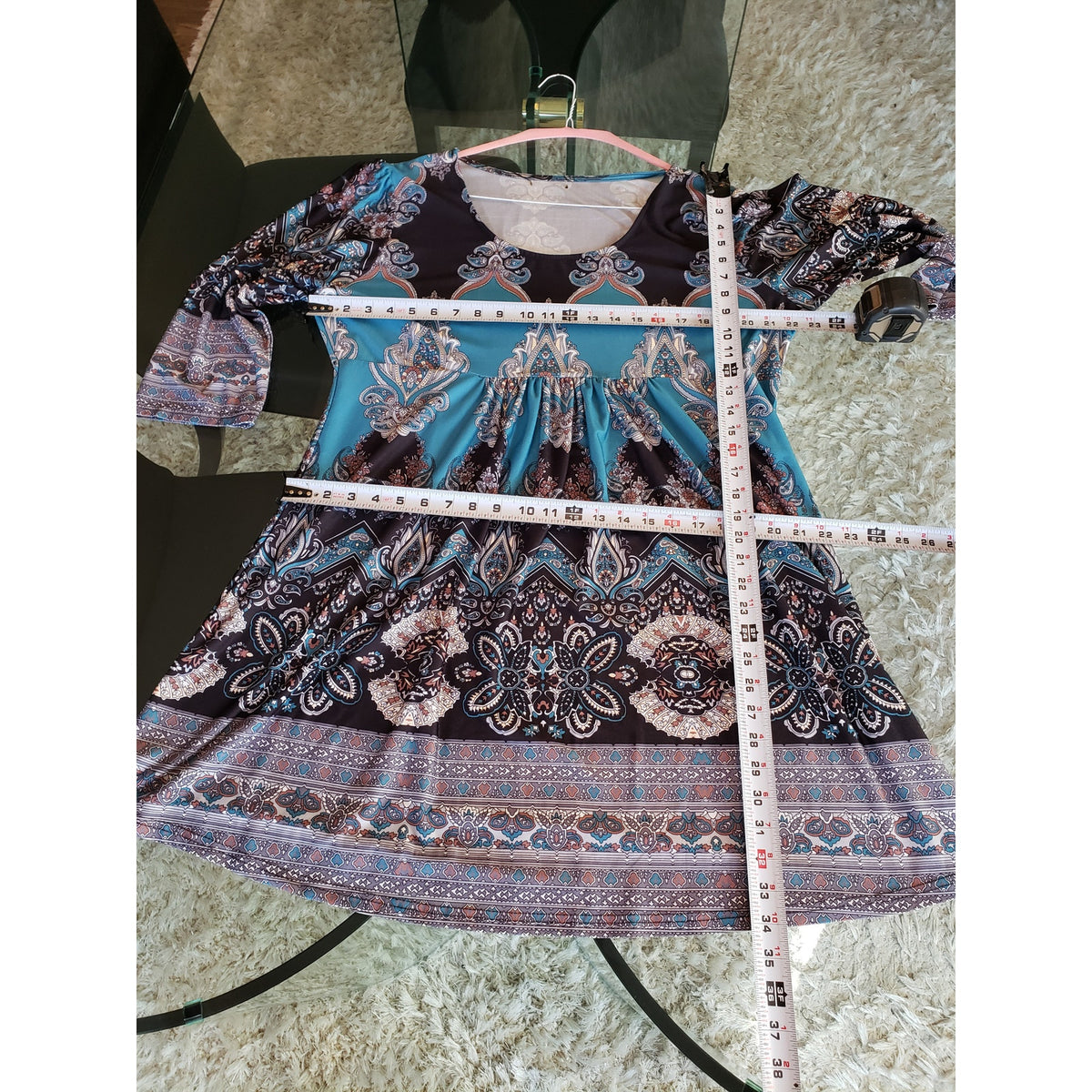 A-Line Dress Womens Size 2X Blue Paisley Gathered Long Sleeve Round Neck Stretch