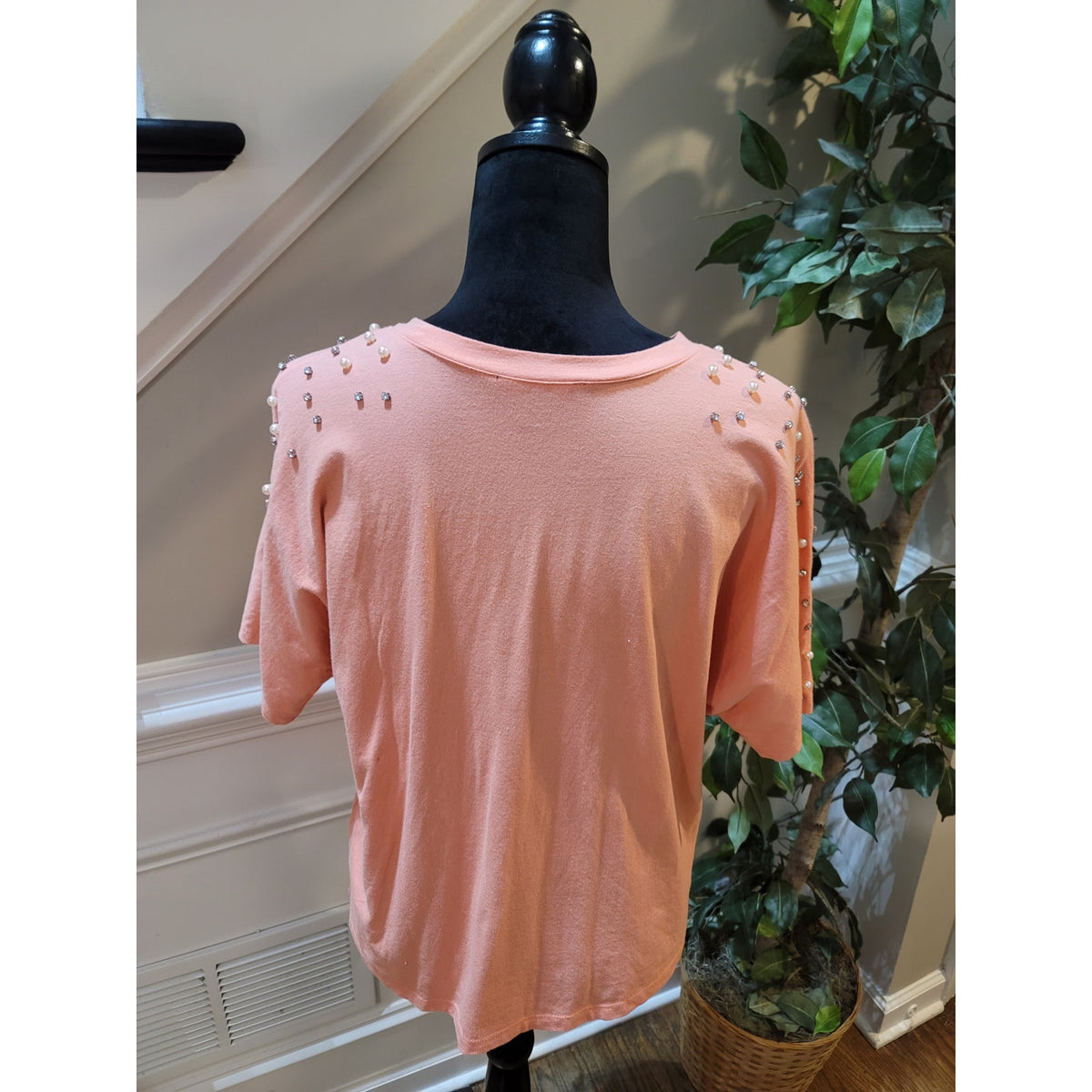 INC Blouse Top Women's Medium Peach Rhinestone Pearl Half Sleeves Crew Neck