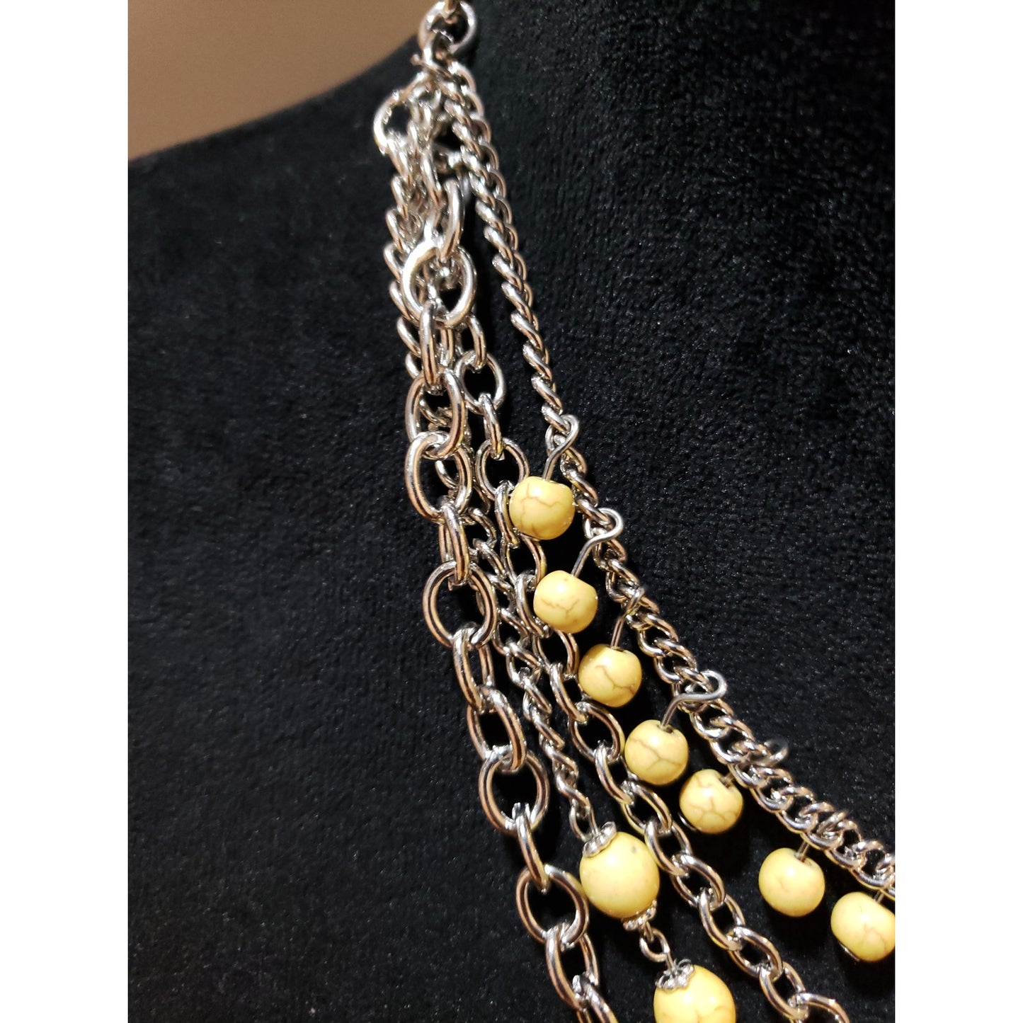 Womens Silver Tone 4 Strand Chains Yellow Jasper Bib Statement Necklace Jewelry
