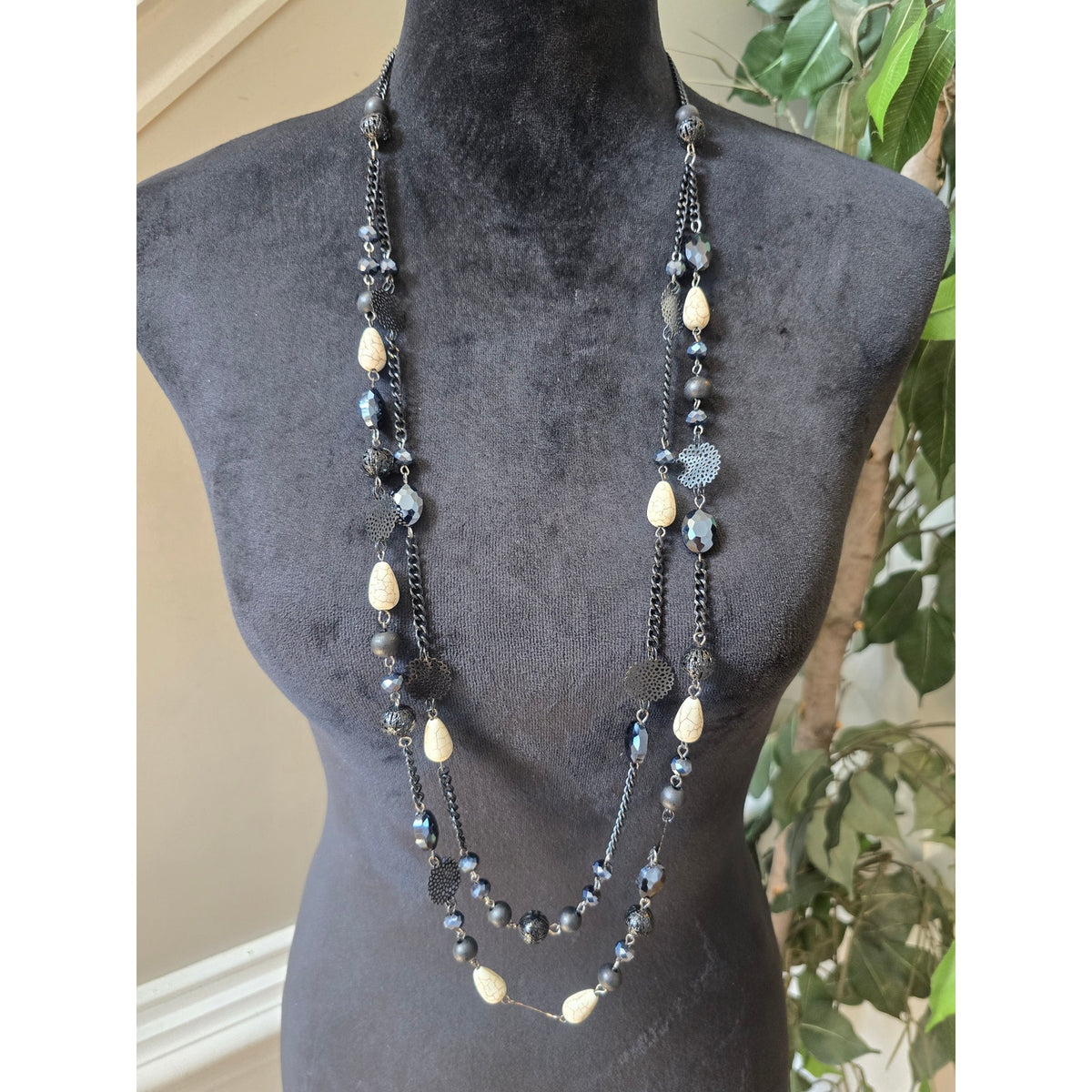 Bocar Black Cream Multi Strand Beaded Long Statement Necklace