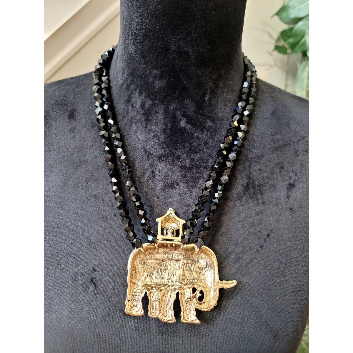 Black Beaded Elephant Pendant Necklace Turquoise Crystal Multi-Strand Statement