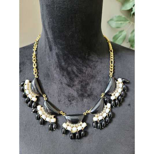 Women's Black and White Beaded Statement Necklace Gold Tone Lobster Clasp