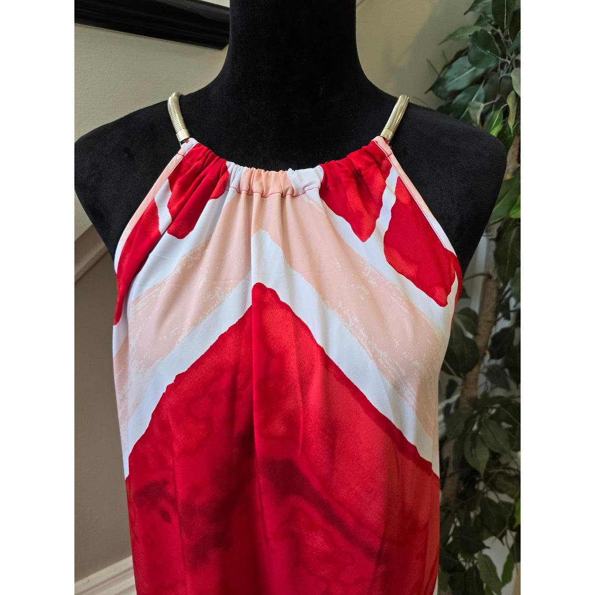 Alfani Halter Dress Woman SZ 0X Coral Red Abstract Back Keyhole Handkerchief Hem