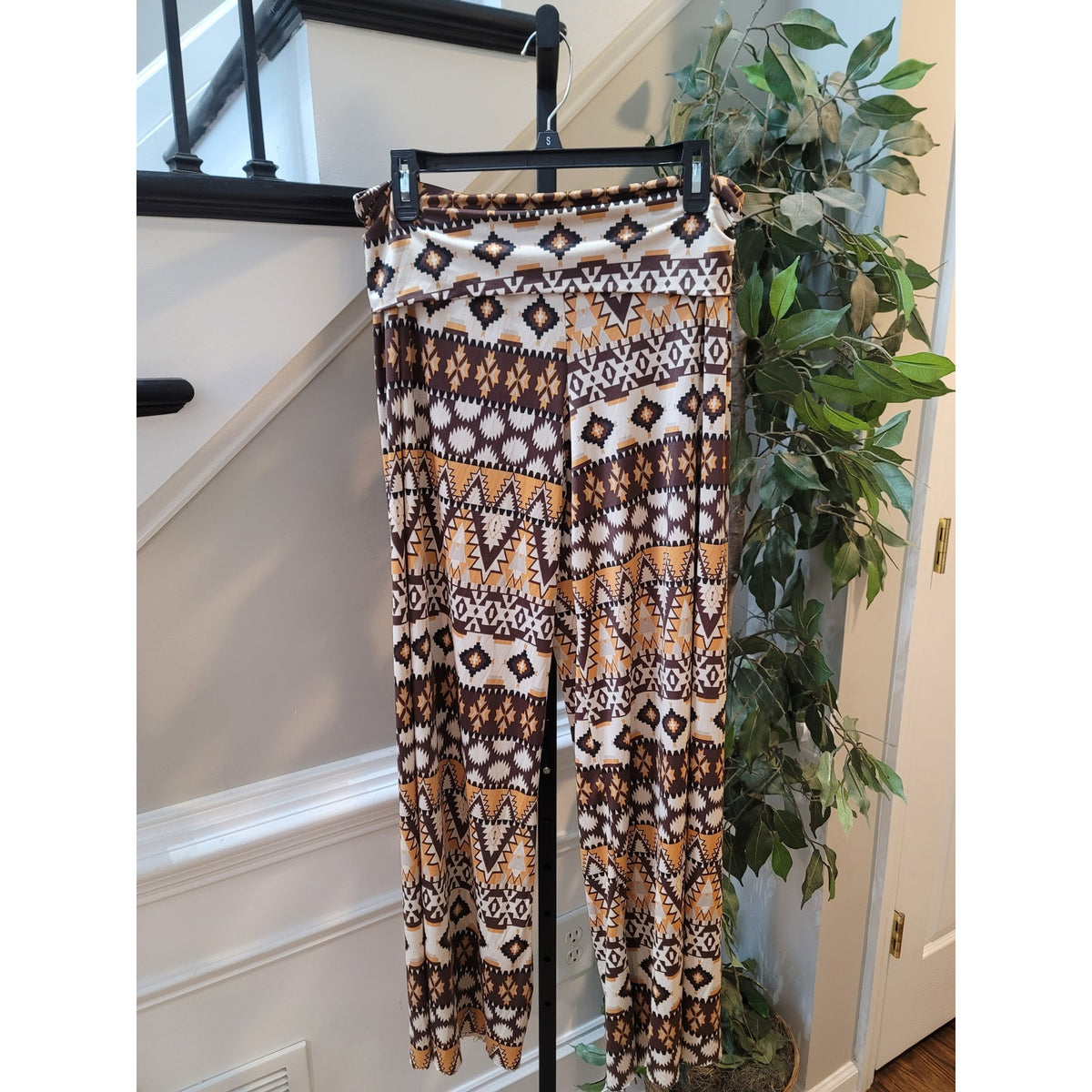 Los Angeles Apparel Palazzo Pants Women's SZ L Brown Aztec Tribal Print Wide Leg