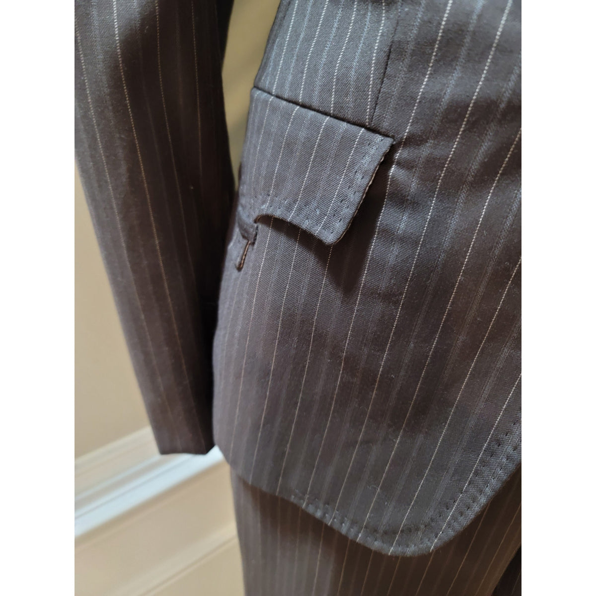 Anne Klein Pant Suit Women SZ 6 Brown Pinstripe Single Button Blazer Welt Pocket