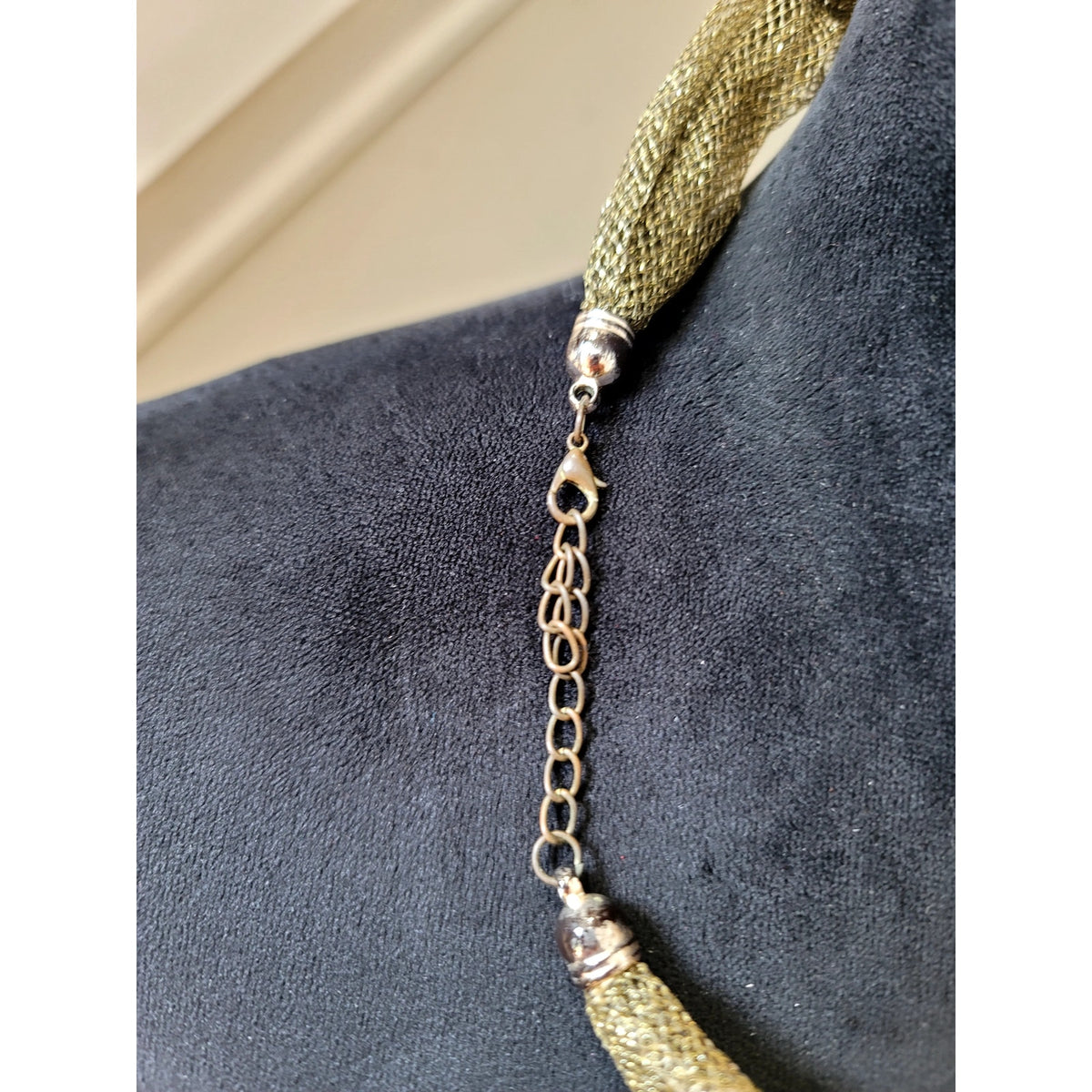 Gold Tone Mesh Multi-Strand Necklace with Ivory Teardrop Dangles Statement