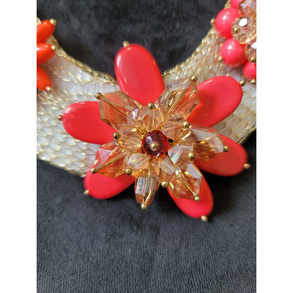 Women's Coral Floral Necklace and Earring Set with Gold Chain and Flower Accents