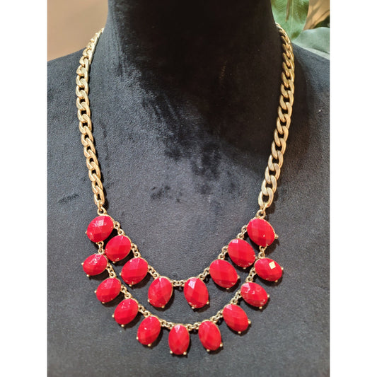 Womens Gold Chain Necklace With Red Oval Gemstones And Lobster Claw Lock Jewelry