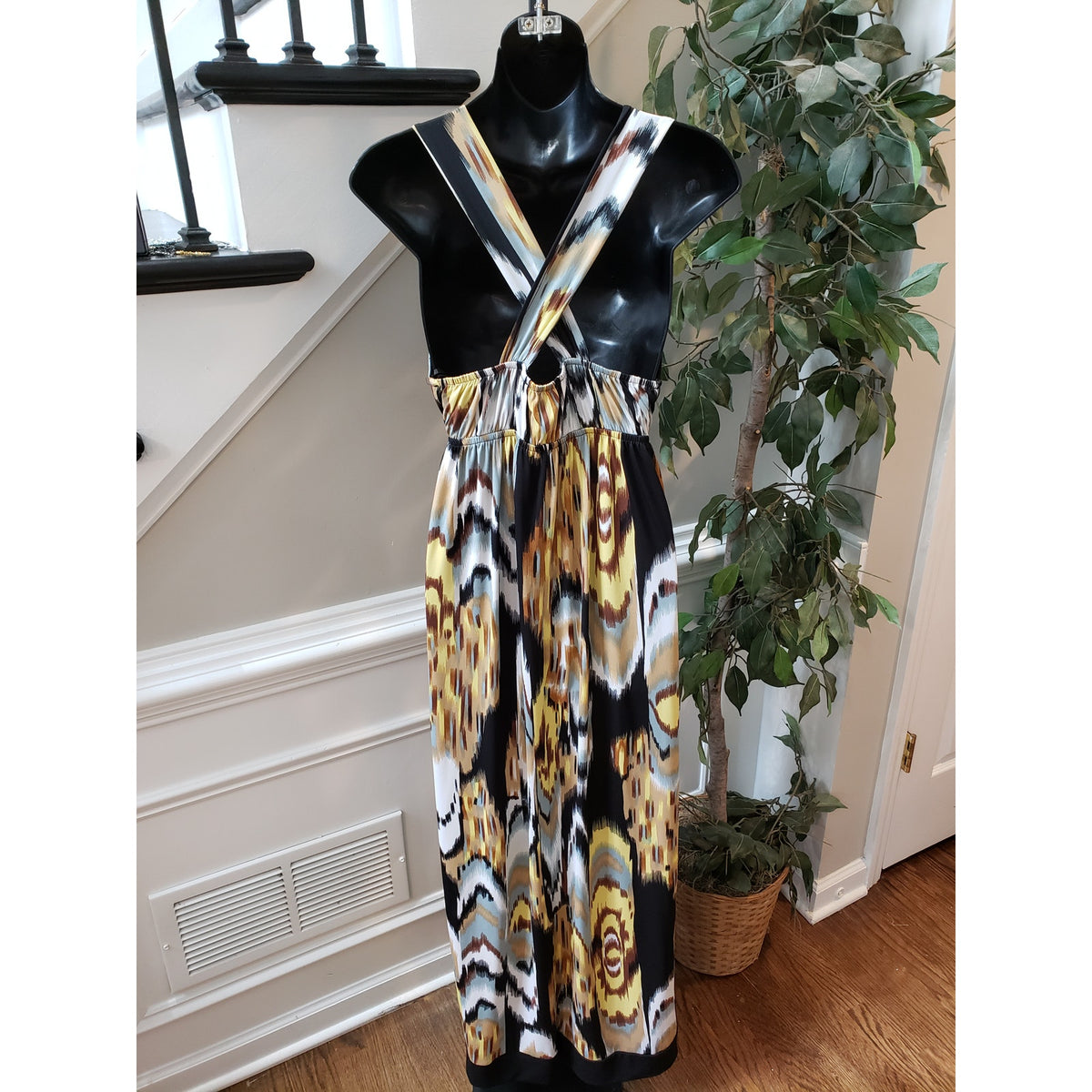 AGB Dress Women’s Size 6 Black Yellow Sleeveless Maxi Made in USA Stretchy