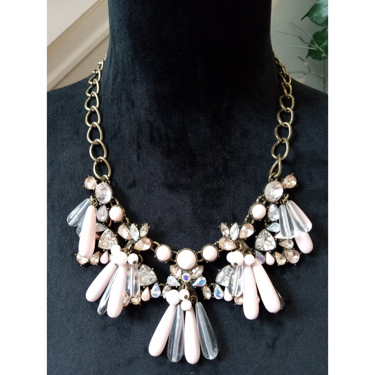Blush Pink Gray Crystal Rhinestone Statement Bib Necklace Gold Tone