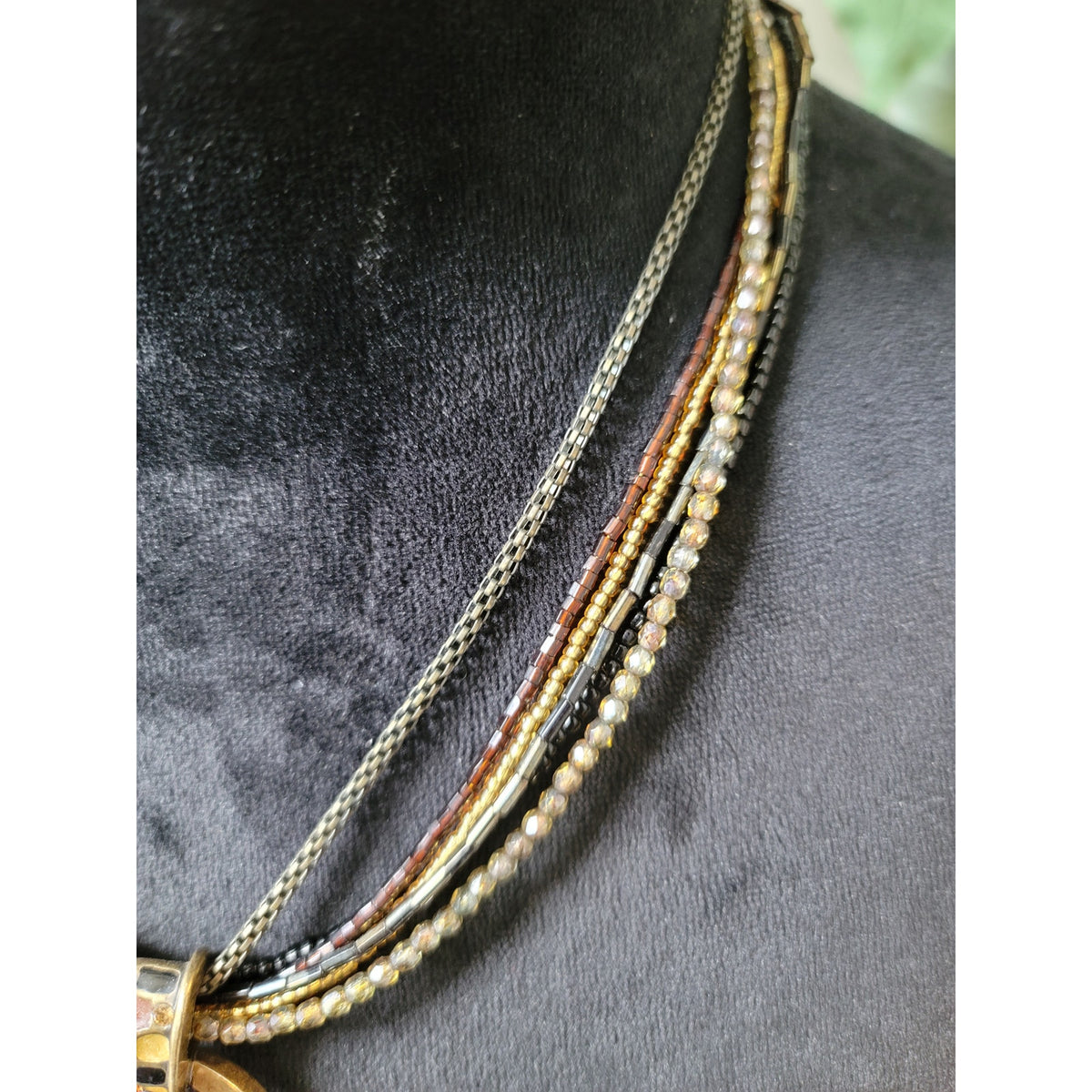 Chico's Multi Strand Beaded Necklace With Geometric Pendant Lobster Clasp Jewelry