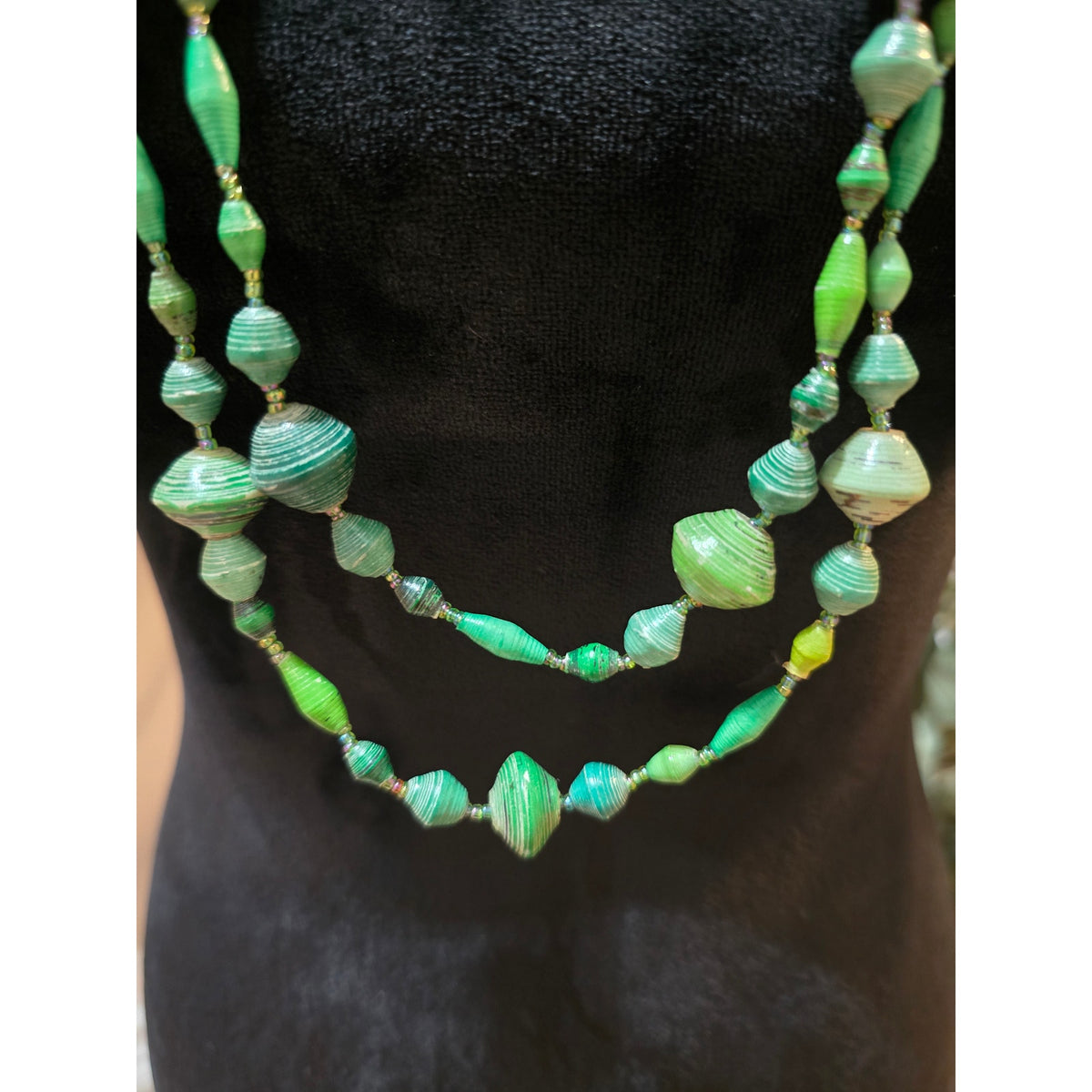 Women's Green Beaded Double Strand Necklace Paper Bead Long Boho Statement
