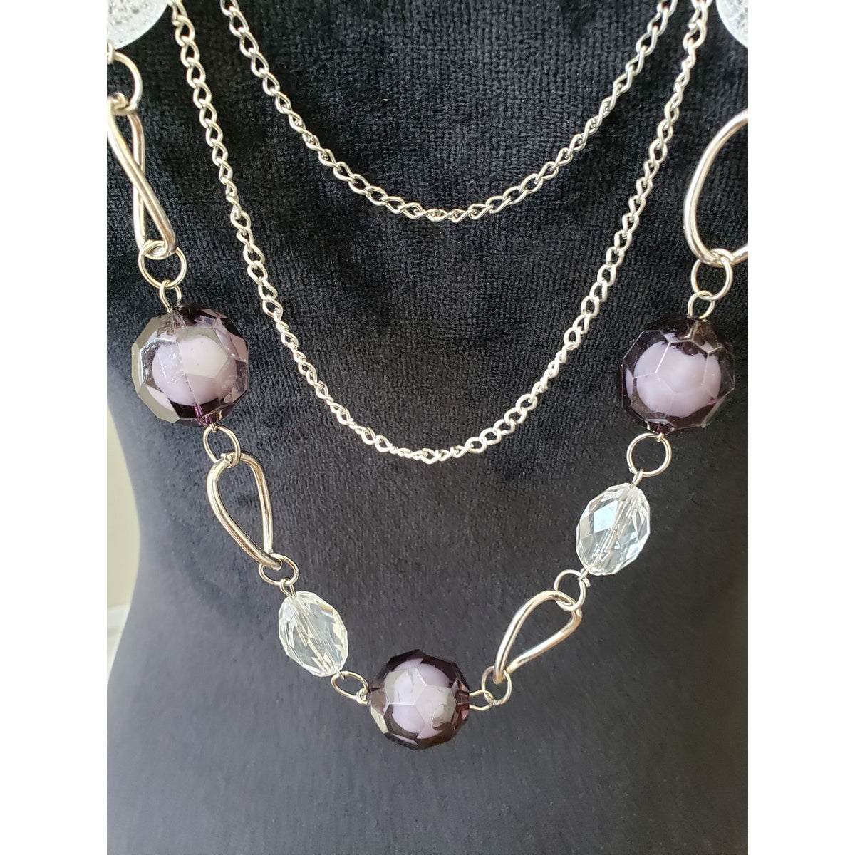 Womens Silver Tone Three Strand Faceted Purple Crystal Beads Statement Necklace