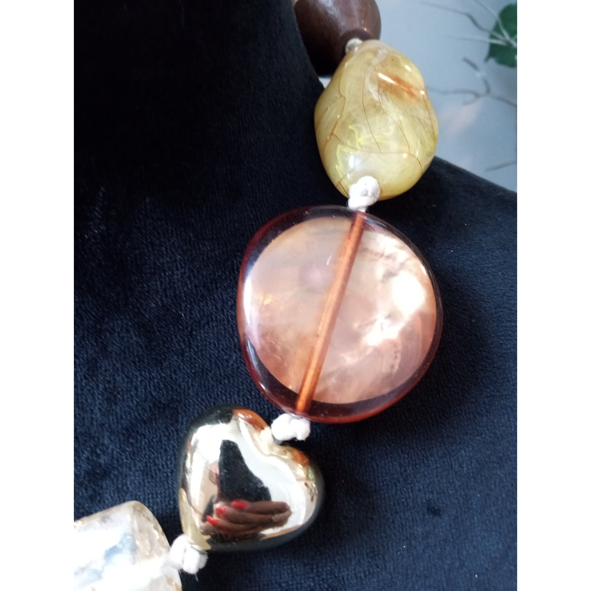 Chunky Mixed Media Beaded Statement Necklace Amber Gold Brown Artisan Boho