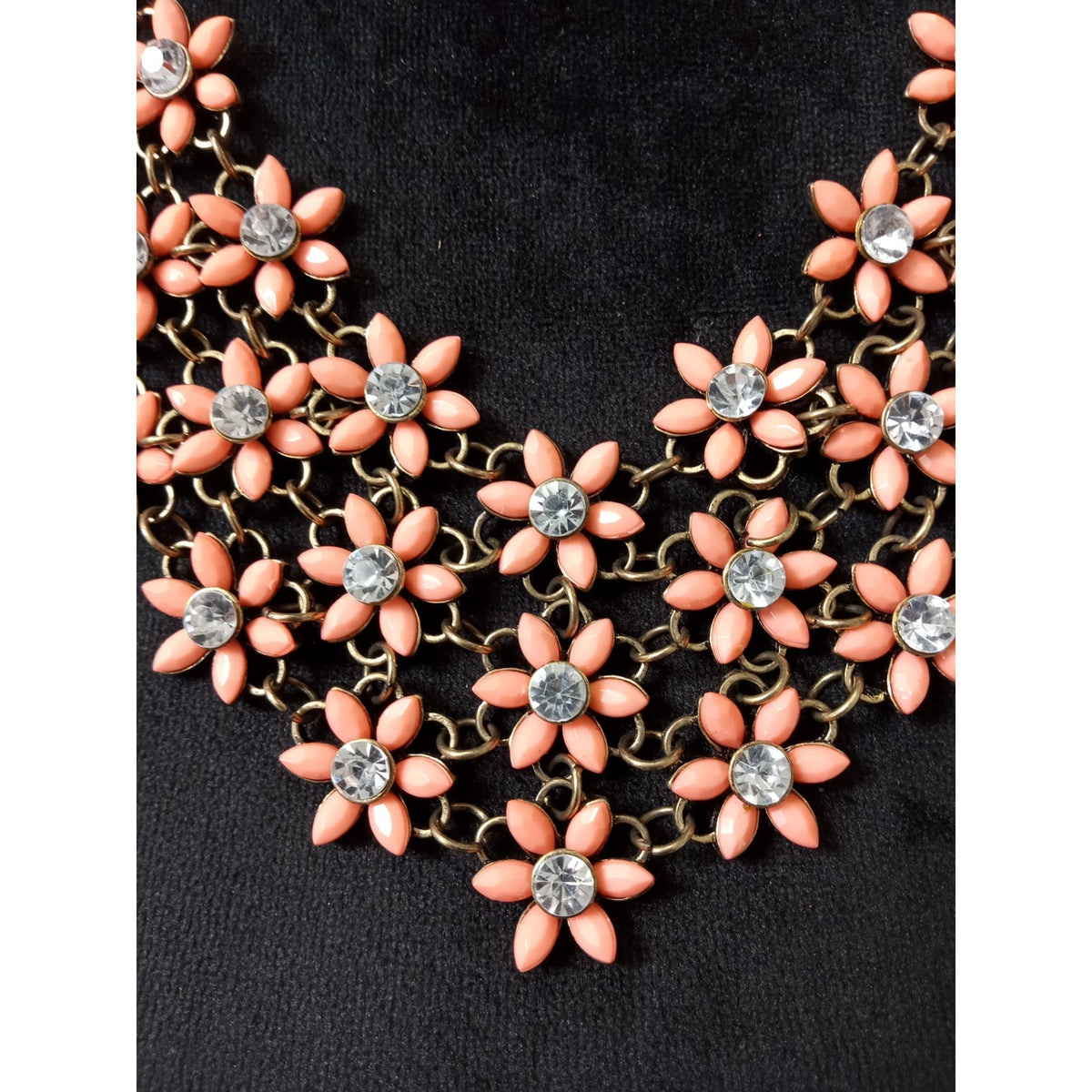 Peach Enamel Flower Statement Bib Necklace Rhinestone Gold Tone Floral Collar