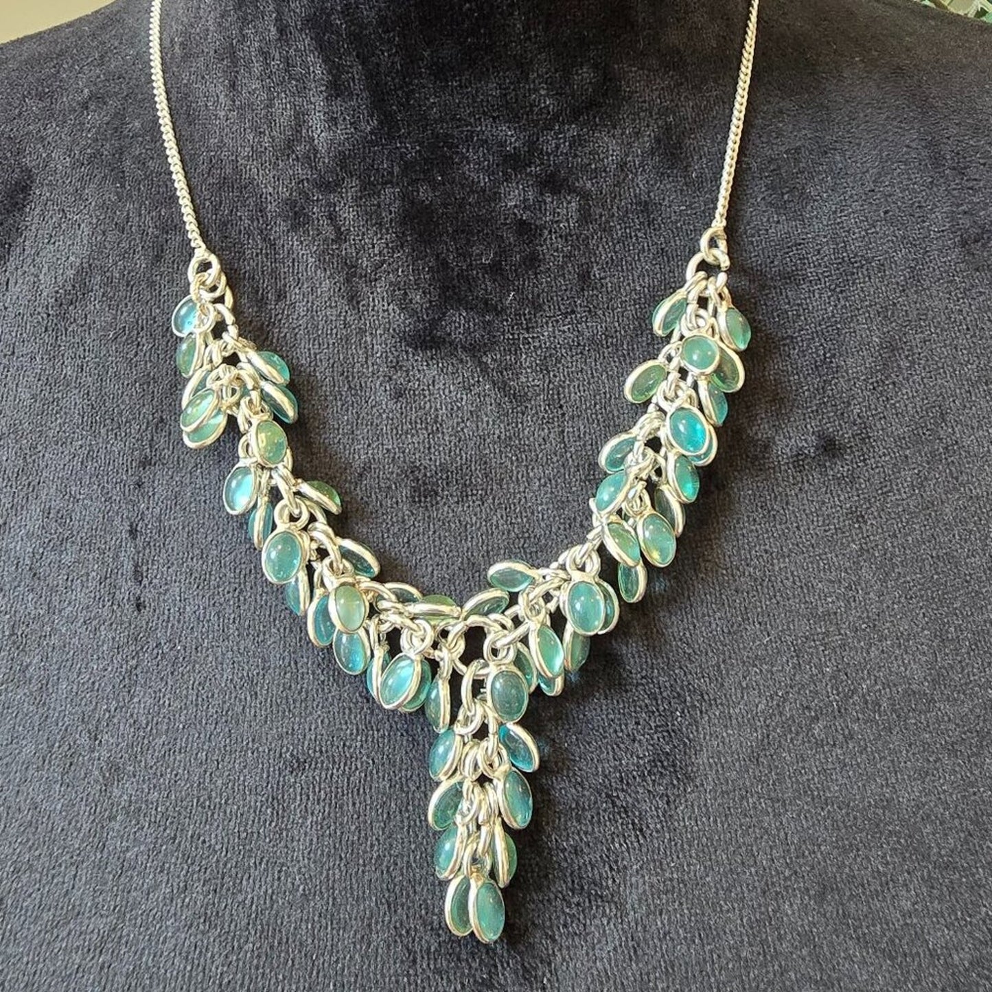 Womens Fashion Blue Triplets Opal Silver Tone Chain Necklace with Lobster Clasp