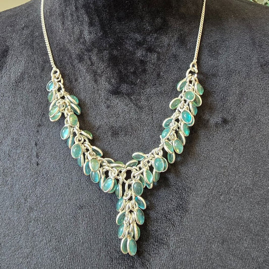 Womens Fashion Blue Triplets Opal Silver Tone Chain Necklace with Lobster Clasp