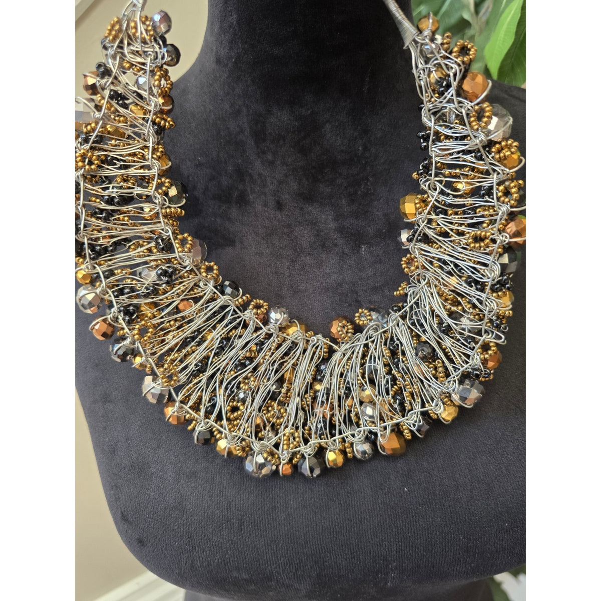 Aldo Gold Amber Bronze Crystal Beaded Layered Bib Collar Necklace
