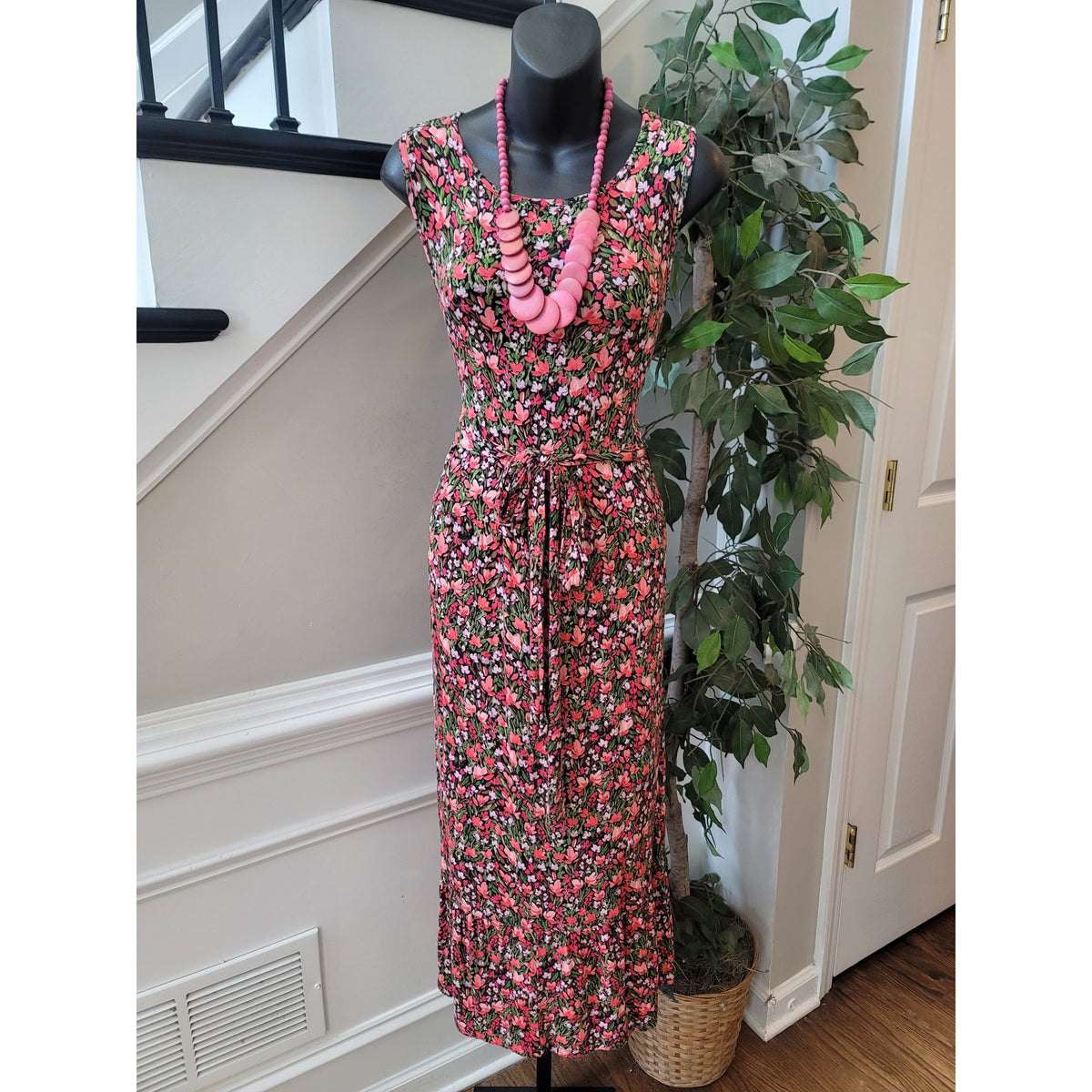 Terra & Sky Maxi Dress Women 1X Black Pink Stretch Floral Tie Waist Ruffle Hem