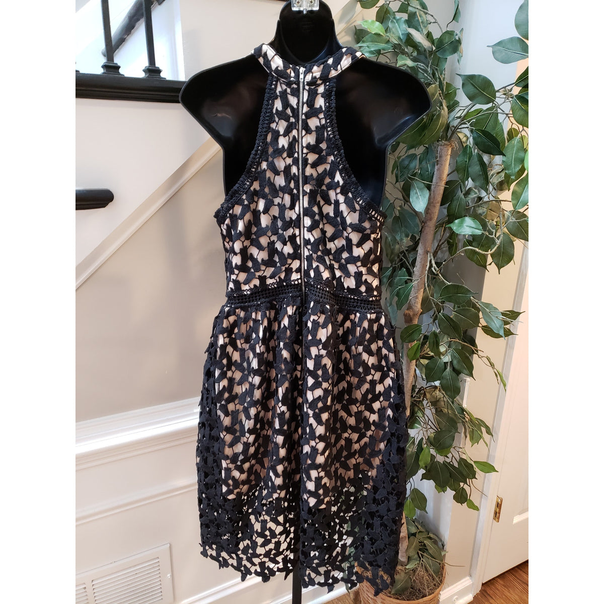 Depri A Line Dress Womens Large Beige Black Lace Overlay Halter Neck Racerback