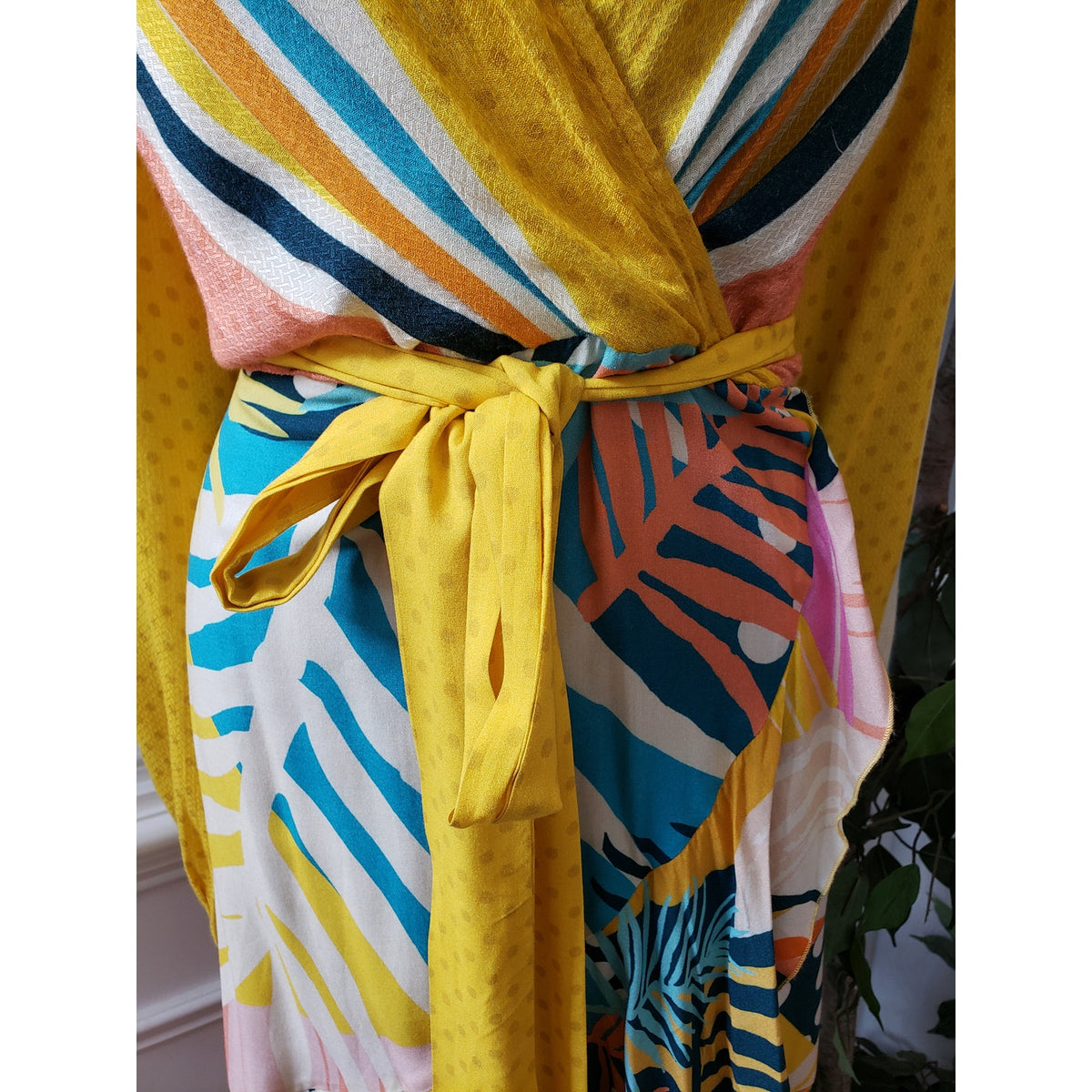 Anthropologie Dress Women Petite XL Multicolor Wrap V Neck Long Sleeve Boho