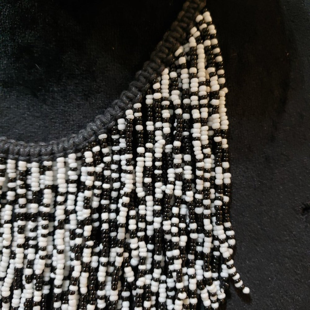 Womens Black White Glass Beaded Woven Fringe Collar Necklace with Lobster Clasp