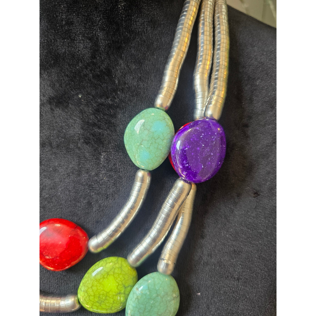 Multicolor Oval Stone Multi Strand Statement Necklace