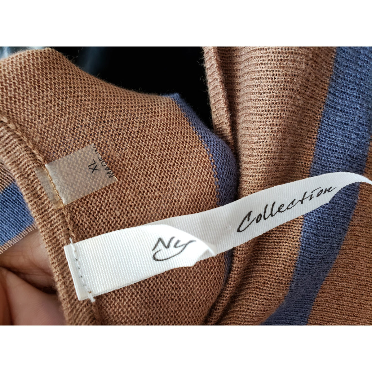 NY Collection Jersey Dress Women's XL Brown Striped Long Sleeve Handkerchief Hem