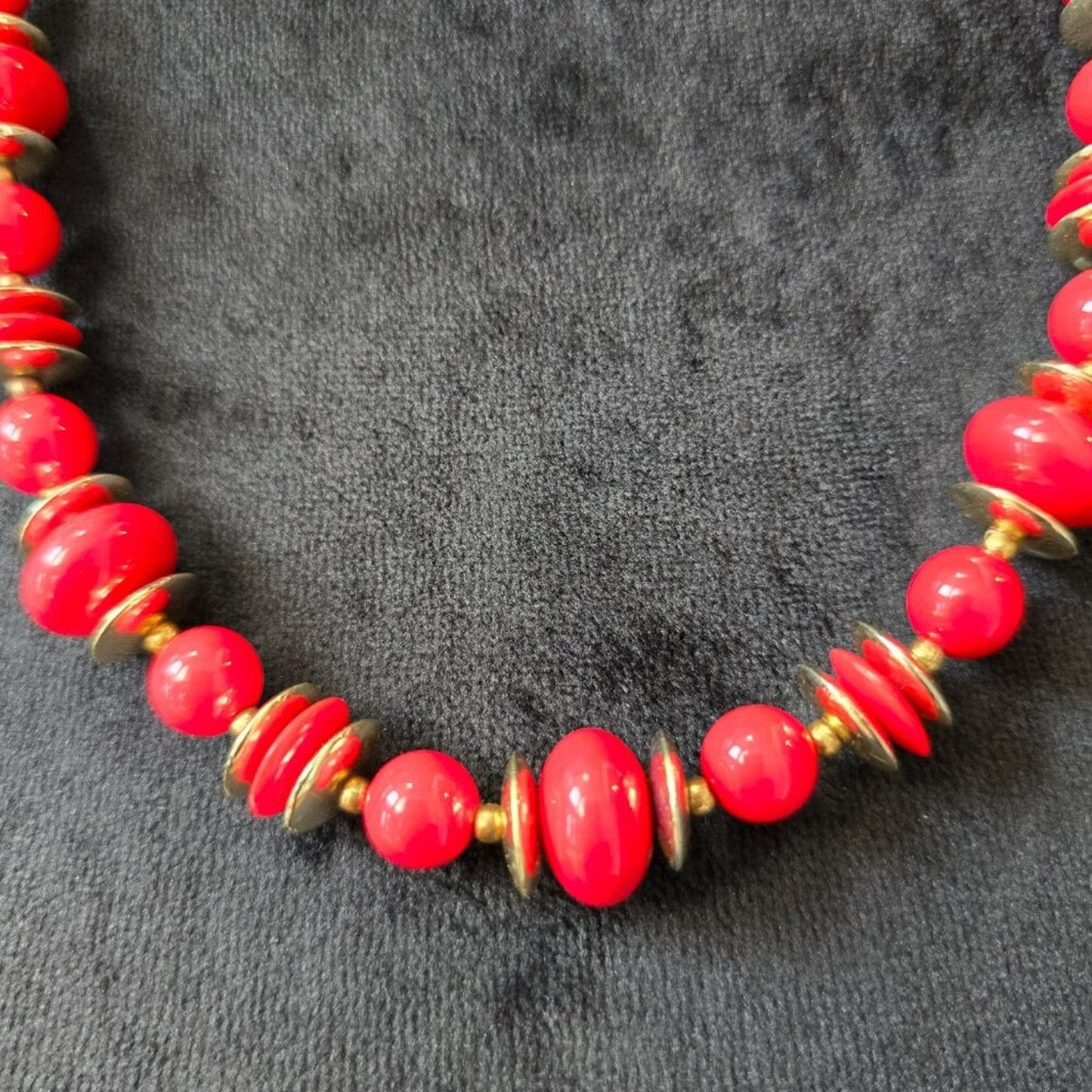 Womens Red Lucite Bead Gold Accents Single Strand Collar Necklace w/ Spring Ring