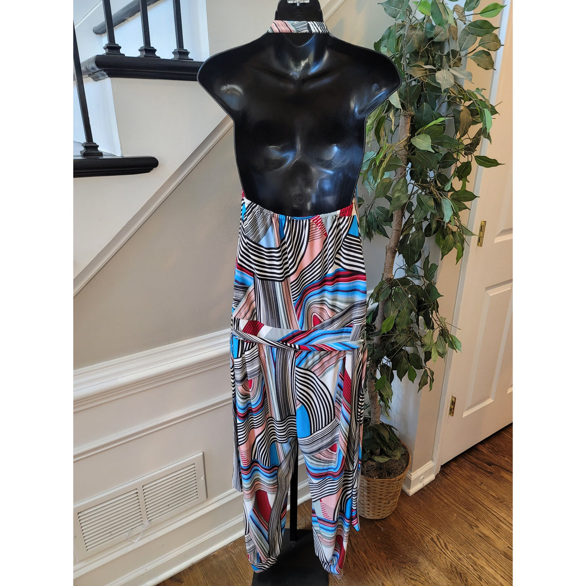 Halter Jumpsuit Women's Size L/XL Multicolor Stripe Summer Silk Romper Outfit