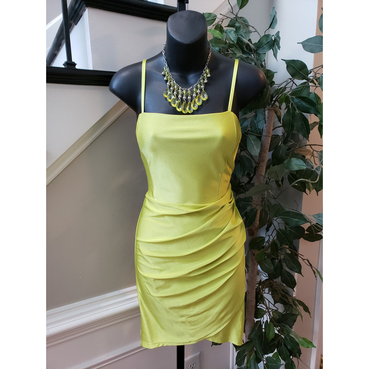 Blaishe Mini Bodycon Dress Womens Medium Lime Green Satin Faux Wrap Square Neck