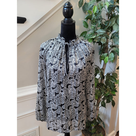 H&M Top XL Black White Paisley Ruffle Tie Split Neck Raglan Sleeve Casual Party