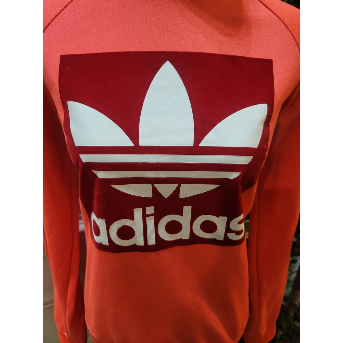 Adidas Sweatshirt Women's Medium Orange Crew Neck Raglan Shoulder Ribbed Hem