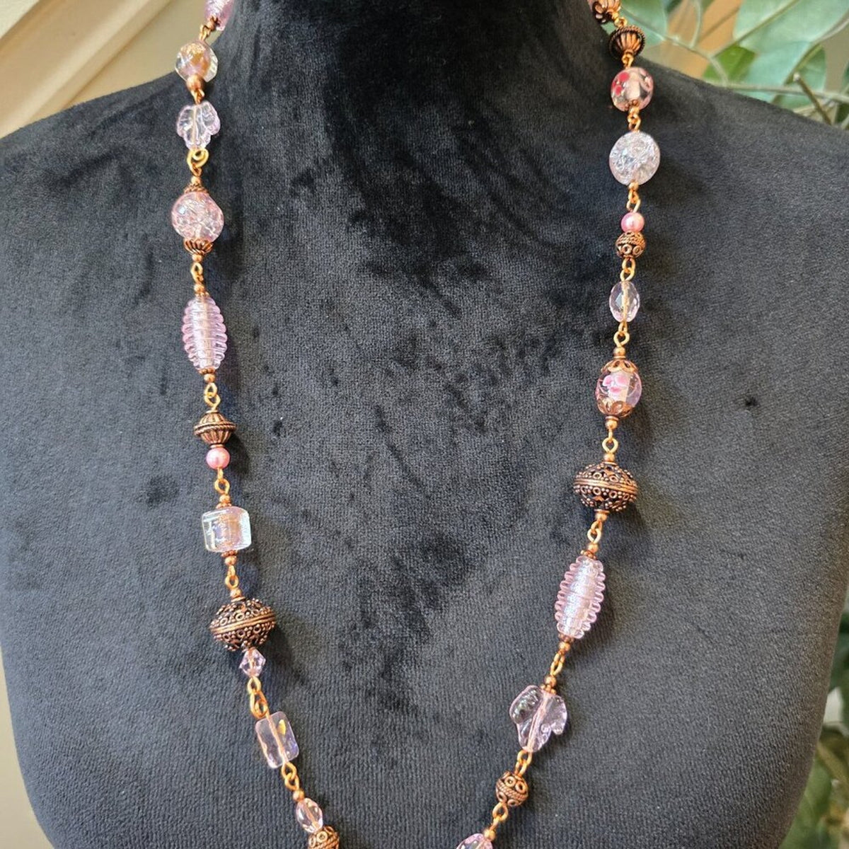 Womens Bright Pink Venetian Crystal Brown Round Metal Beaded Necklace