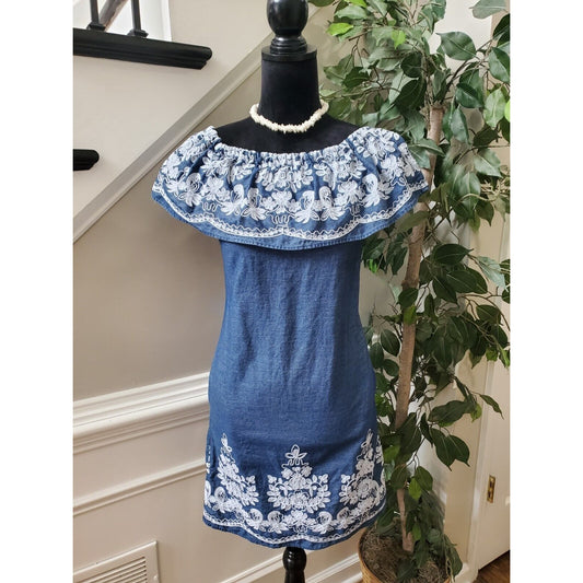 New York & Company Blue Embroidered Floral 100% Cotton Off The Shoulder Dress XS