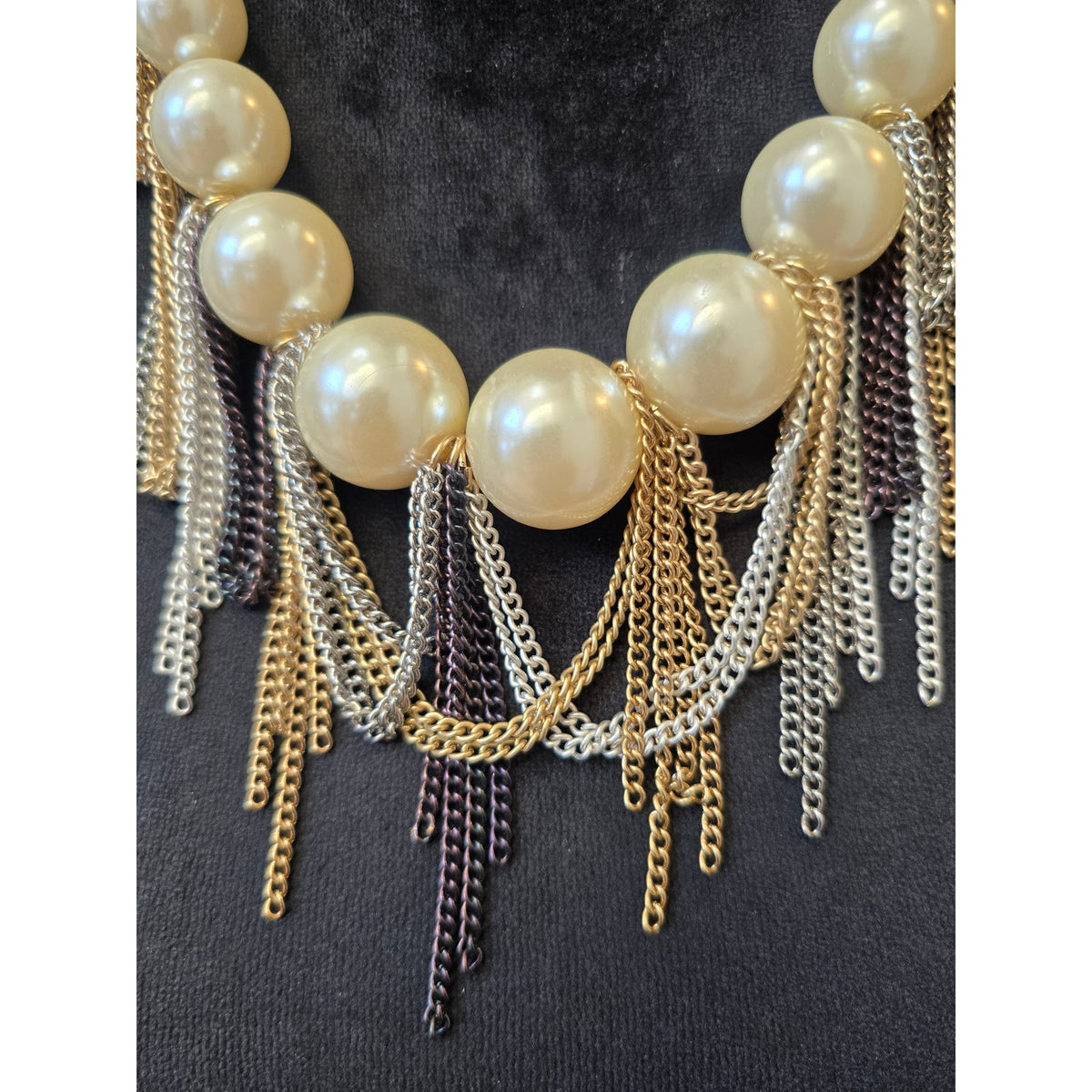 Cream Faux Pearls Beaded Multi-tone Tassel Chain Fringe Statement Necklace