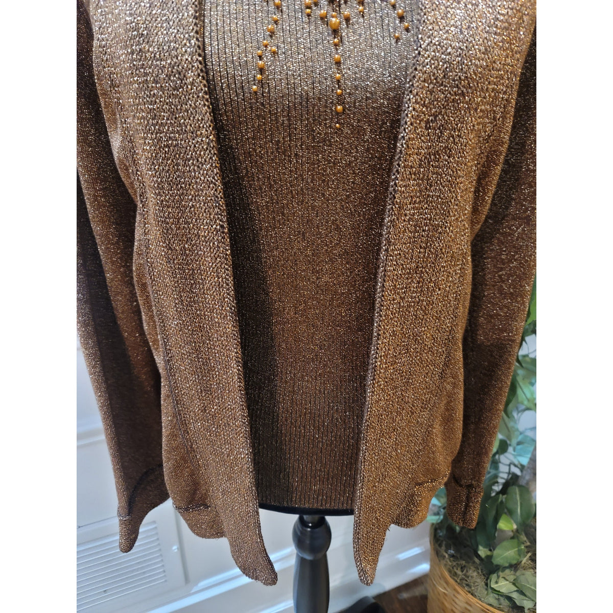 Investment 2 Pc Cardigan Sweater Women Medium Brown Ribbed Back Zipper Mock Neck