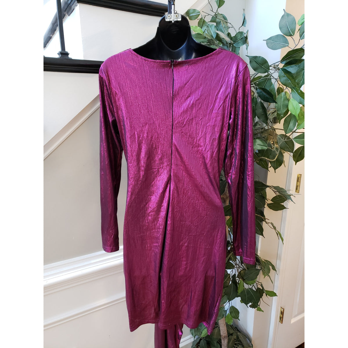 Women's Wrap Dress Small Purple Metallic Tight Waist Ruched Back Zip Deep V Neck