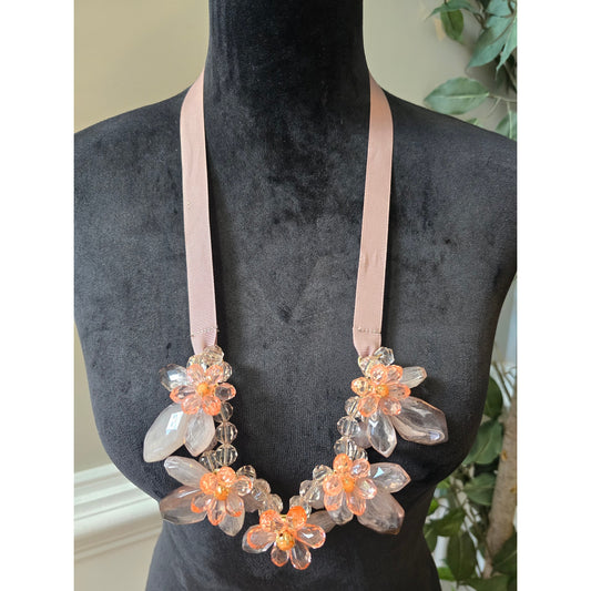 Women's Statement Floral Crystal Beaded Necklace With Pink Ribbon Tie Back