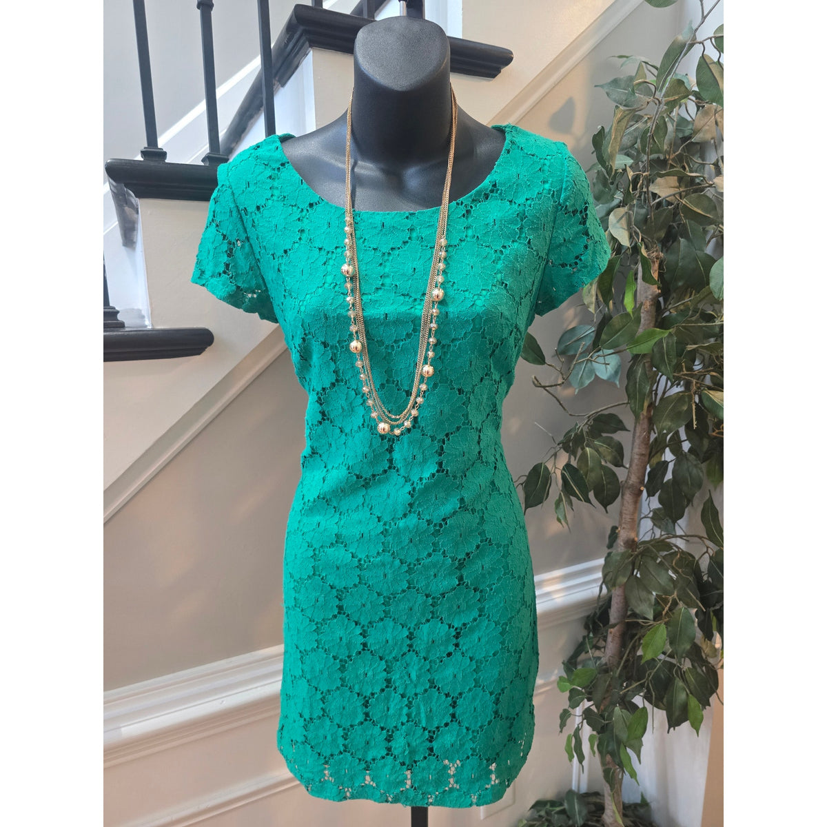 Sheath Dress Women Chest Small Emerald Green Floral Lace Back Zipper Cap Sleeves