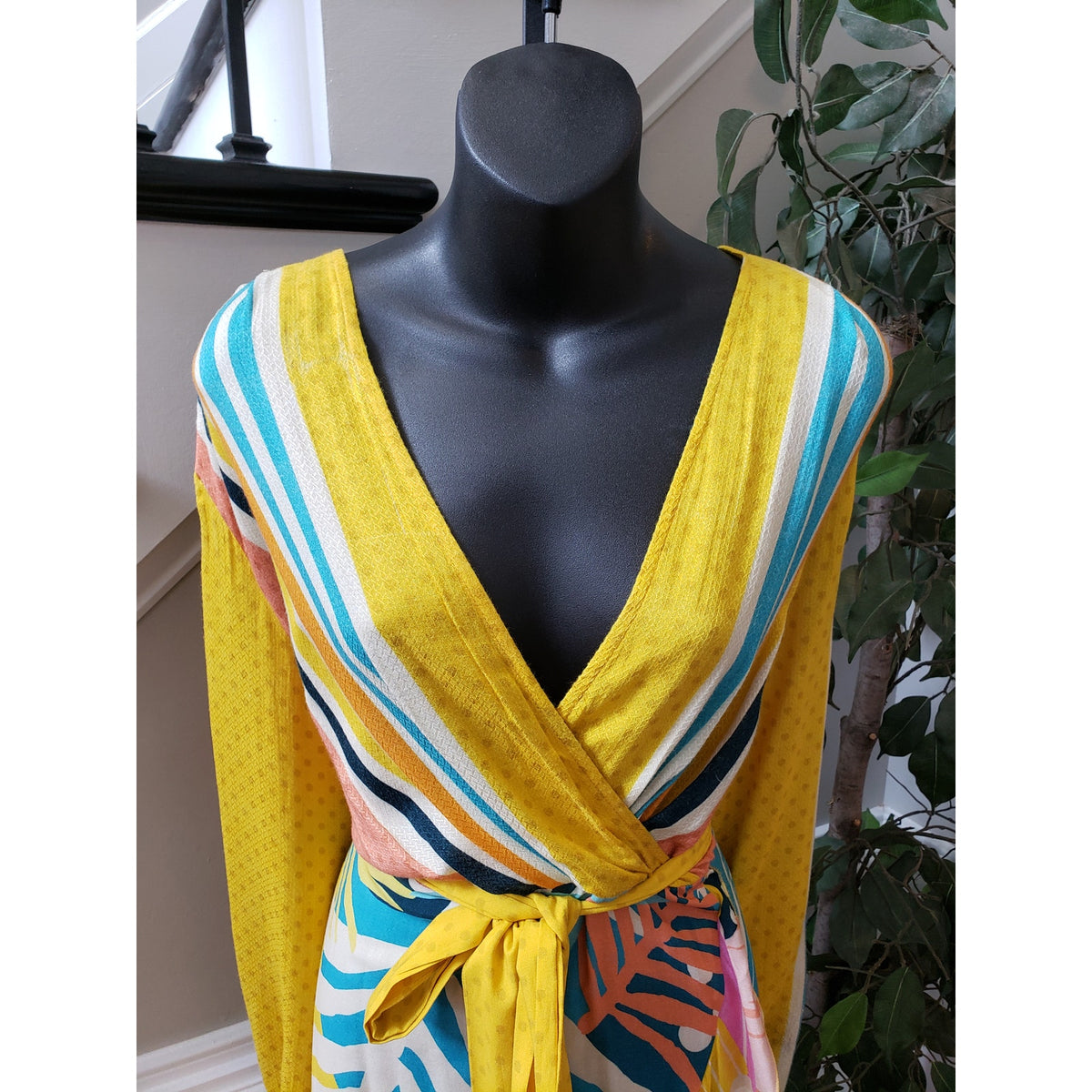 Anthropologie Dress Women Petite XL Multicolor Wrap V Neck Long Sleeve Boho
